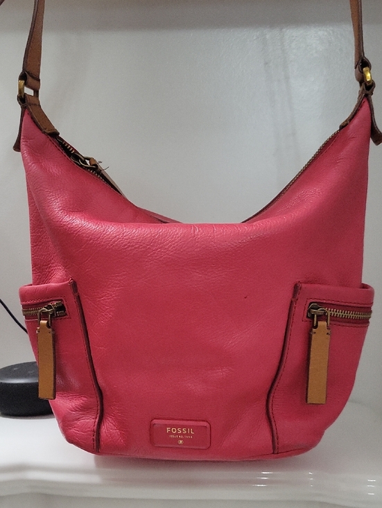 Fossil Handbags - Fossil Hot Pink Leather Hobo Shoulder Bag with Tan Trim